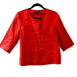 PENDLETON Blouse Womens Petite 8 Red Linen Pullover V Neck Gray Trim 3/4 Sleeve